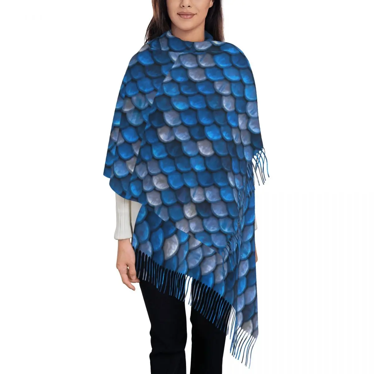 

Blue Silver Mermaid Scarf Magical Fish Scales Outdoor Shawls and Wraps with Tassel Unisex Vintage Large Scarves Winter Bufanda