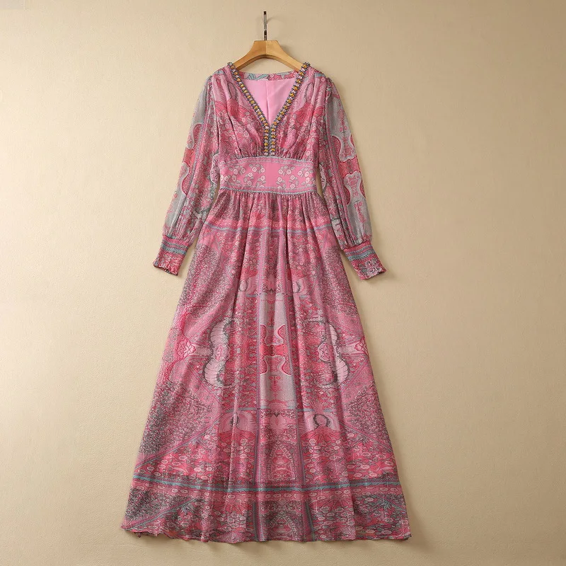 

European and American women's clothes 2023 summer new Beaded V-neck Long-sleeved pink print fashion Pleated Dress