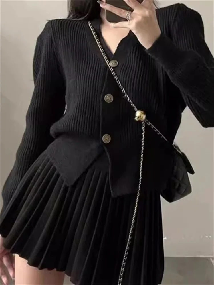Vintage Female Knit 2 Piece-Set Pleated Skirts Casual Ribbed Cardigan Sweater And Skirt Sets Female Knitwear Outfits