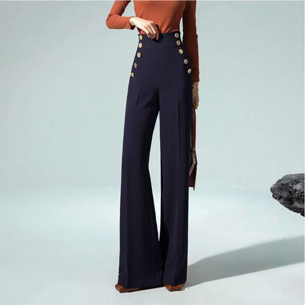 

New women's high-waisted wide-leg trousers with vertical straight leg pants and double-breasted slim suit pants