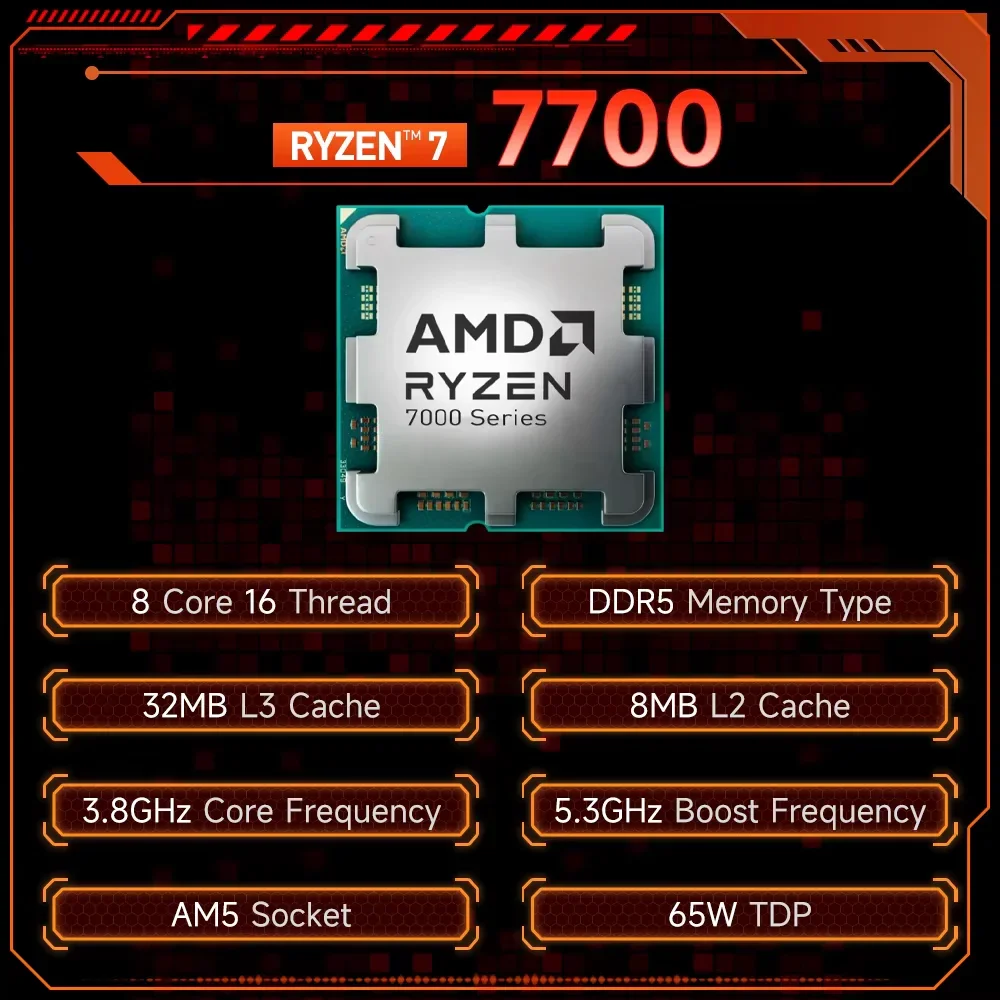 AMD Ryzen 7 7700 R7 7700 언락 오버클럭킹 PBO 8코어 16스레드 5.3GHz 32MB 캐시 AM5 고성능 CPU 팬 미포함