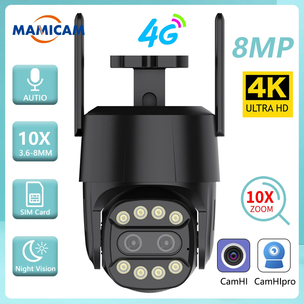 4K 8Mp Wifi/4G Sim Card Telecamera Ip Outdoor 4Mp Hd Ptz Cctv Telecamera Di Videosorveglianza Dual Lens 3.6Mm-8Mm Auto Tracking Camhipro