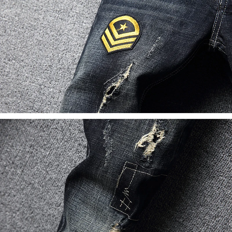 Street Fashion Men Jeans Retro Black Blue Elastic Slim Fit Vintage Ripped Jeans Men Patches Designer Hip Hop Denim Pants Hombre