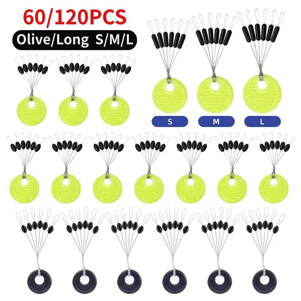 60pcs/Set 10 Group Rubber Space Beans Stopper Oval/Long Column Shaped Fishing Line Space Beans Vertical Fish Bobber Tools fishing tools