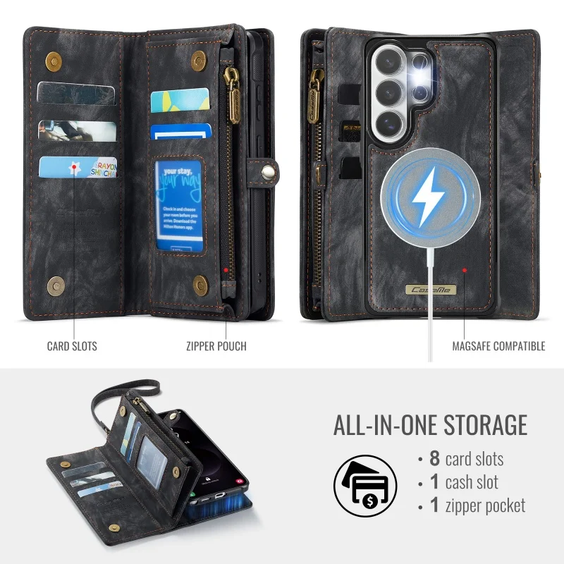 Zipper Leather Wallet Phone Case with Detachable Card Holder Cover