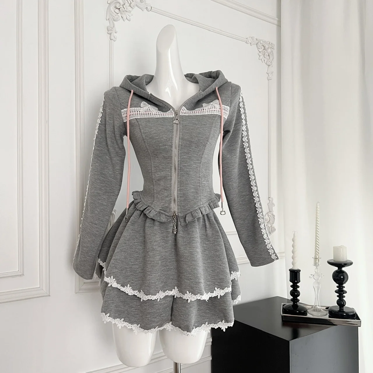 Conjunto de chándal de 2 piezas Y2K para mujer, con capucha y cremallera, abrigo ajustado con retazos de encaje y volantes, minifalda, moda coreana de otoño, conjuntos sólidos