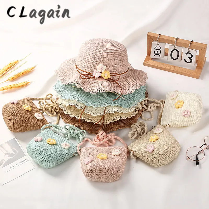 

Summer girl's straw hat set wool flower sunscreen hat cute children's hat beach hat sun visor hat set