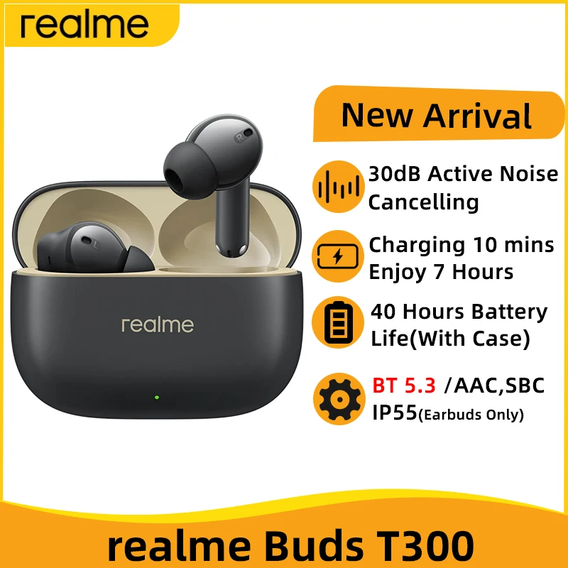  realme Buds T300 True Wireless Earphone 30dB Active Noise Cancelling Bluetooth 5.3 TWS Earphone 40 Hours Battery Life IP55 