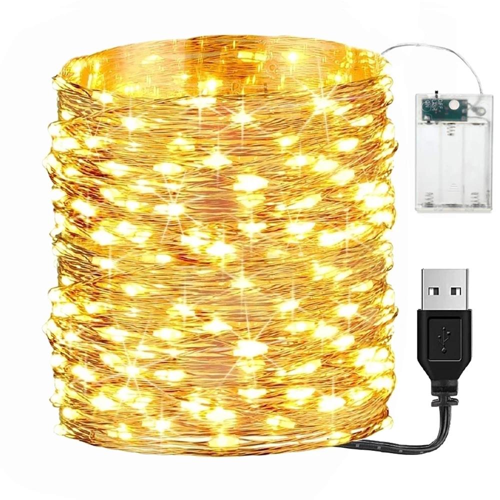 2/10M Copper Wire LED String Lights USB Battery Powered Garland Fairy Lights Waterproof Indoor Outdoor Xmas Wedding Party Decors