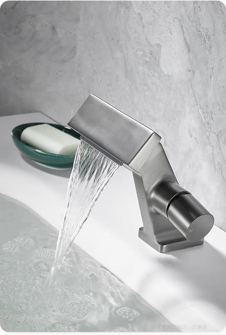 Description Picture 5 of itemNew Bathroom Basin Faucet Gray Single Lever hot and cold Waterfall Crane Brass Sink mixer Black Chrome Gray Tap