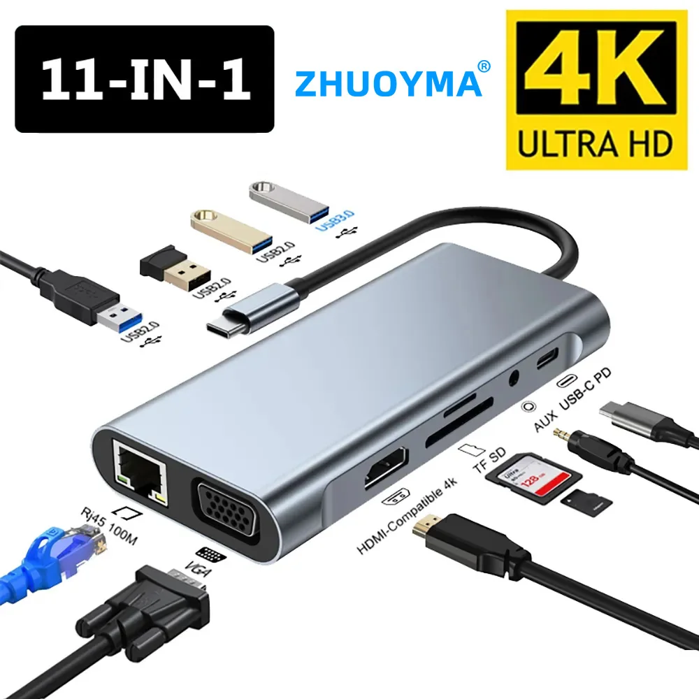 

USB C HUB 4K 30Hz Type C to HDMI-compatible USB 3.0 Adapter 11 in 1 Type C HUB Dock PD 87W USB C Splitter for MacBook Pro Air