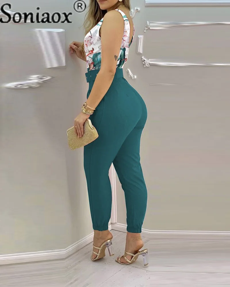 2022 New Summer V-Neck Backless Printed High Waist Jumpsuit for Women Bodysuit Overalls Jumpsuit Ladies Sexy Casual Streetwear