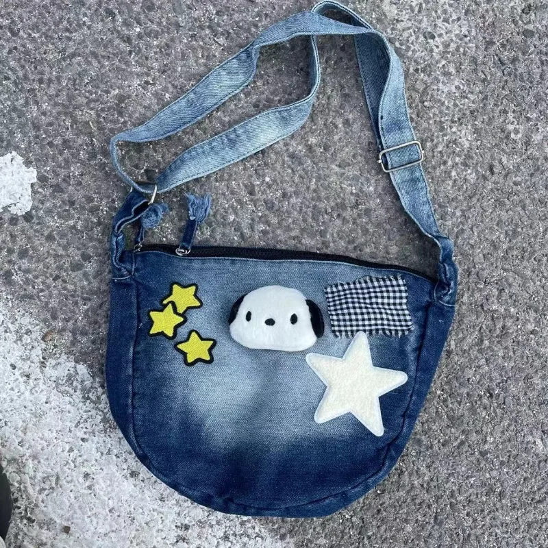 MBTI Pochacco Y2k Womens Shoulder Bag Denim Vintage Fashion Casual Cute Messenger Bag Cartoon Kawaii Blue Luxury Female Handbag