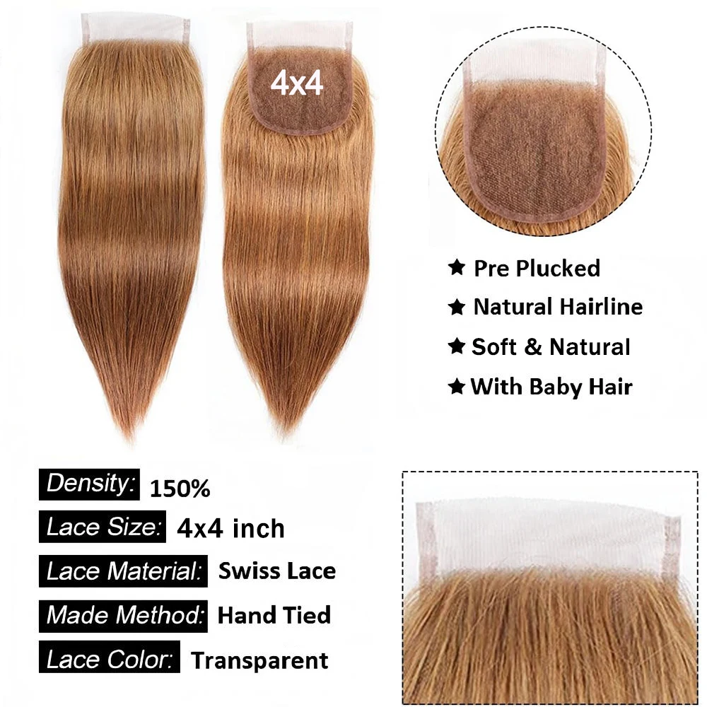 #30 Light Brown Straight 13x4 Lace Frontal Only 4x4 Lace Closure Transparent Swiss Lace Brazilian 100% Human Hair With Baby Hair 2