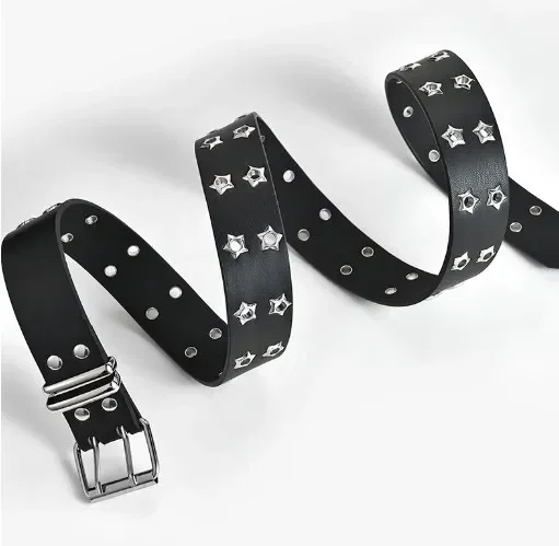 110 cm Taillengürtel Y2K Punk Nieten Ledergürtel Damen Herren Stern PU Schwarz Weiß Hüftgurt Zweireihig Hohl für Jeans Rock Dekor – Detail 14