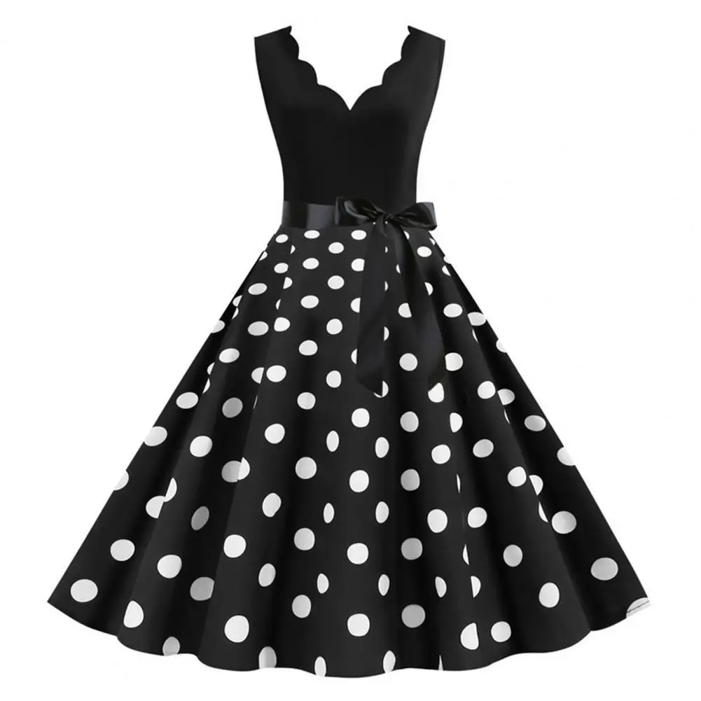 Women Midi Dress Lace Up Tight High Waist Sleeveless Dress A-line Loose Hem Retro 50s 60s Lady Prom Party Dress