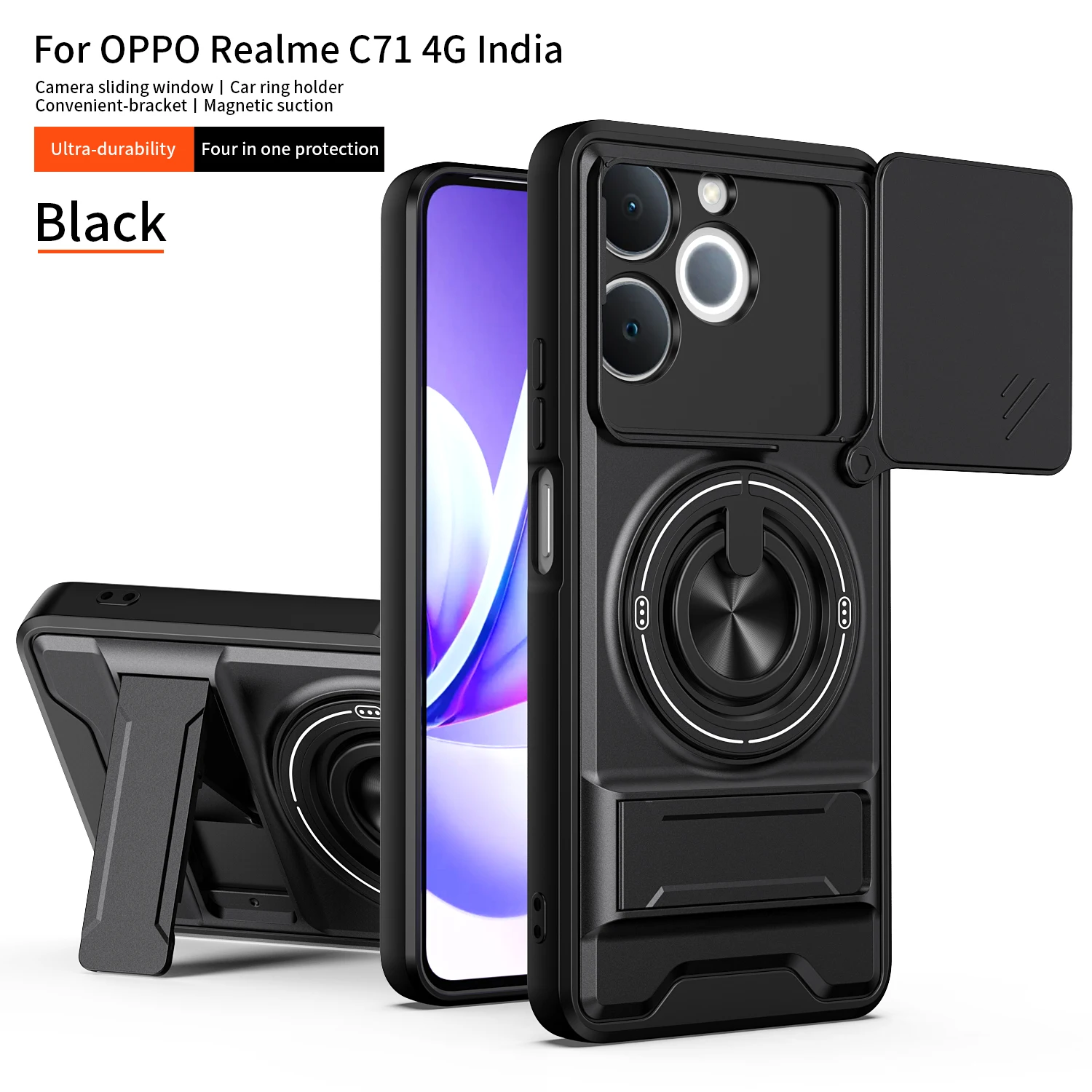 Armor Shockproof Phone Case with Sliding Camera Cap and Built-in Magnet Ring Kickstand