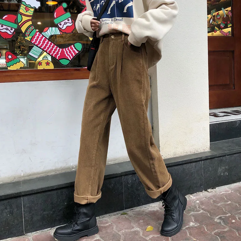 

Vintage Corduroy Warm Wide-leg Pants Women Autumn Winter Thick Casual Straight Ladies Trousers Korean Fashion New Pants 29440