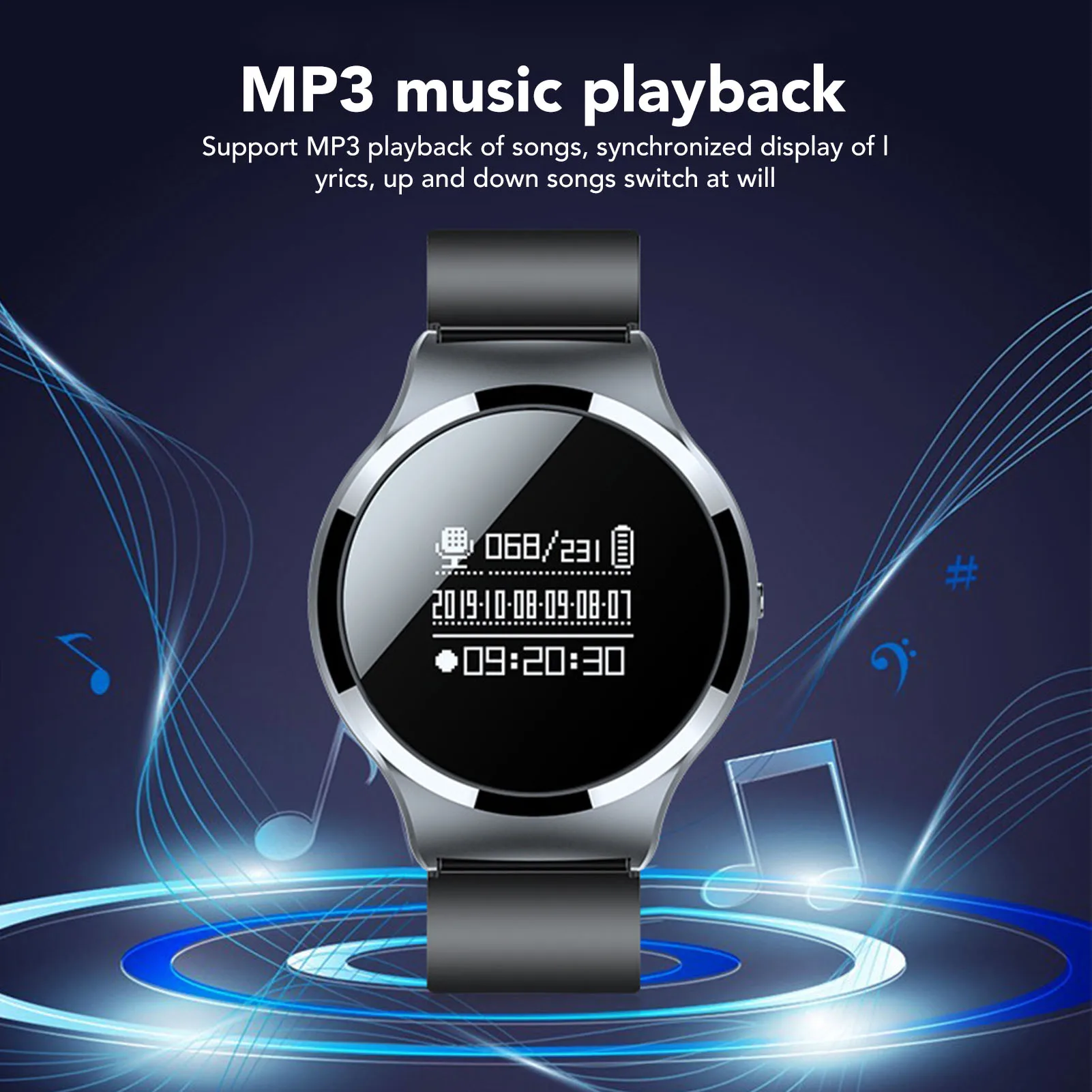 Voice Activated Recorder Large Diameter Dual Microphone Black Voice Recorder Watch Auto Save File Noise Reduction for Lecture