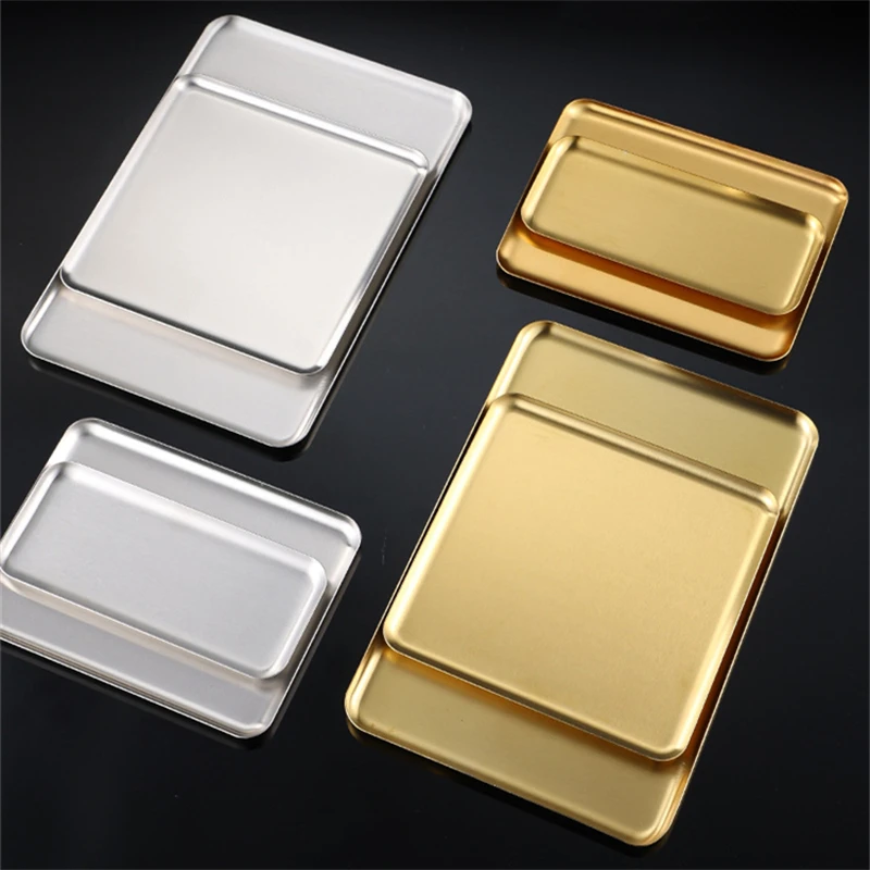 Silver Gold Stainless Steel Serving Plate Restaurant BBQ Skewers Sushi Tray Large Shallow Tray Food Storage Plates For Kitchen 6