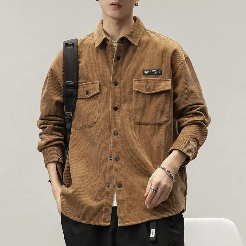 Retro Japanese Sle Corduroy irt with ket Casual Long Sve Spring Autumn Men's Wear Resistant to Dirt And Wear