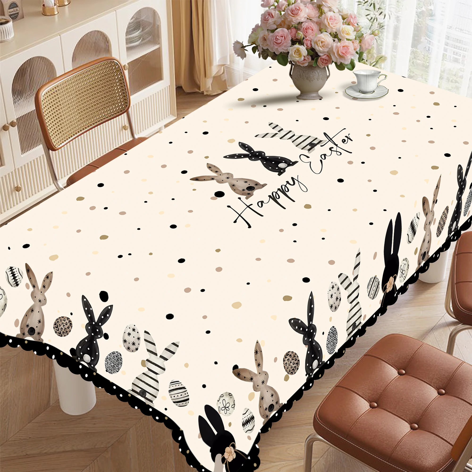 1pc Easter Bunny & Egg Print Tablecloth Polyester Woven Round Table Cover Animal Pattern with Floral Bow Machine Made table cloth