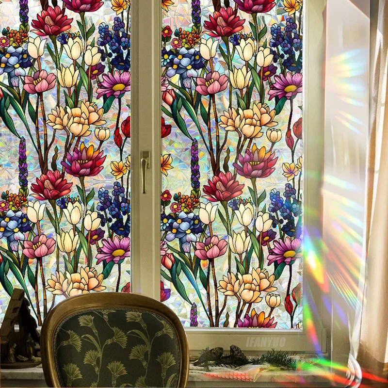Window Privacy Film Window Film Window Tint Sticker Adhesive Vinyl Stickers Sun Catcher Static Glass Stickers Non-Adhesive Window Sticker Decorative Privacy Flower Decal Painted Glass Rainbow Film Decors