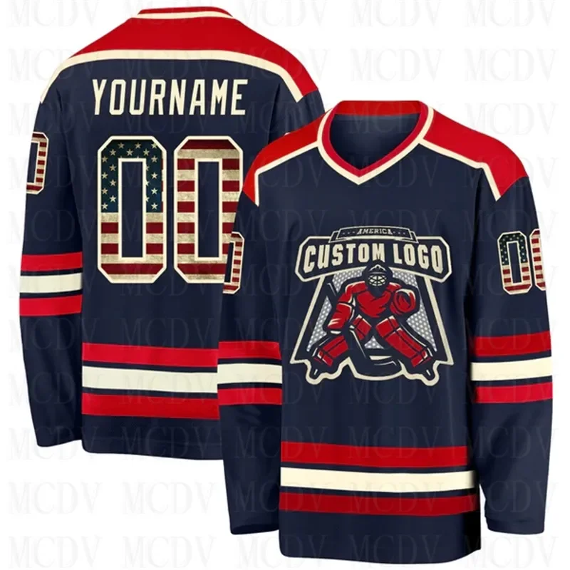 

Custom Navy Vintage USA Flag -Red 3D Print You Name Number Youth Mens Women Ice Hockey Jersey Competition Training Jerseys