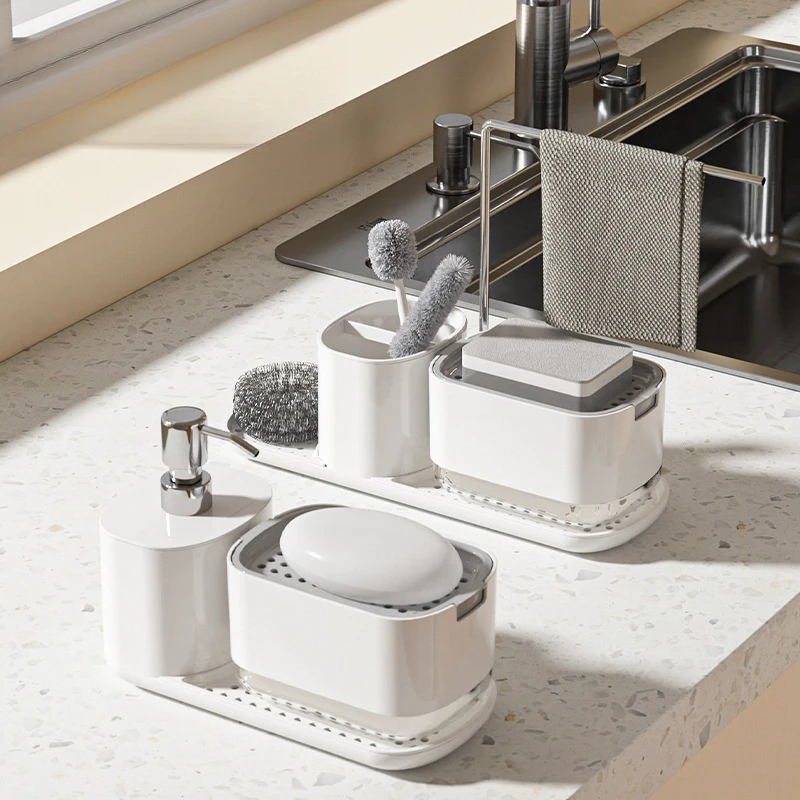 2-in-1 Press Soap Dispenser with Drying Tray One-Hand Operation Easy Clean Multi-Functional Kitchen Soap Holder