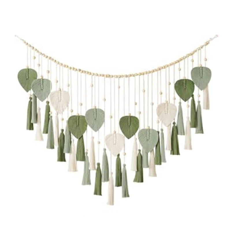 

1 Piece Macrame Wall Hanging Leaves- Large Chic Feather Boho Wall Decor Green Cotton Rope For Home Office