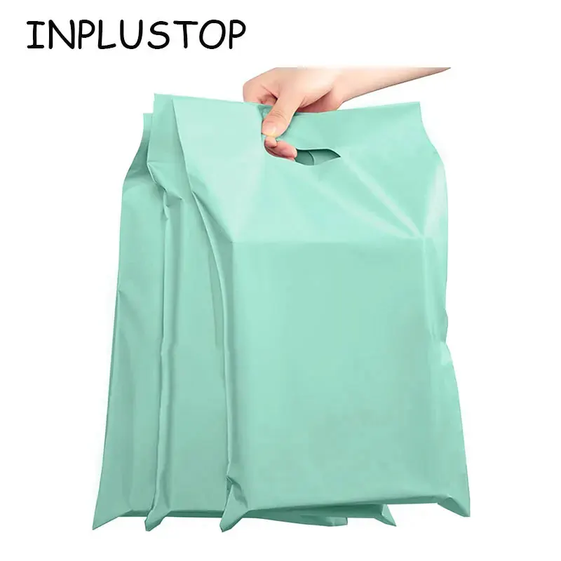 

INPLUSTOP 50Pcs/lots Portable Envelope Mailer Mailing Bag Mint Green Tote Courier Packaging Bag Poly Clothes Pouches with Handle