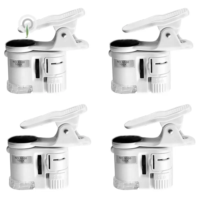 AEE9-4 Pcs 100X 줌 클립 온 현미경, LED 조명, 휴대용 돋보기 루페 포켓 돋보기 렌즈 유리