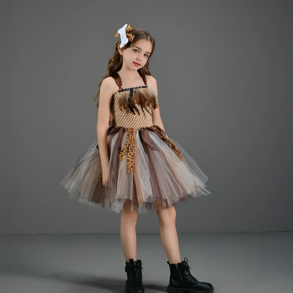 Cosplay Costume Kids Girls Dress Animal Tutu Skirt Outfit Cave Leopard Girl Tutu Dress Wild Man Indigenous Primitive Person Animal Kid Baby Cosplay Birthday Jungle Party Dresses Costume