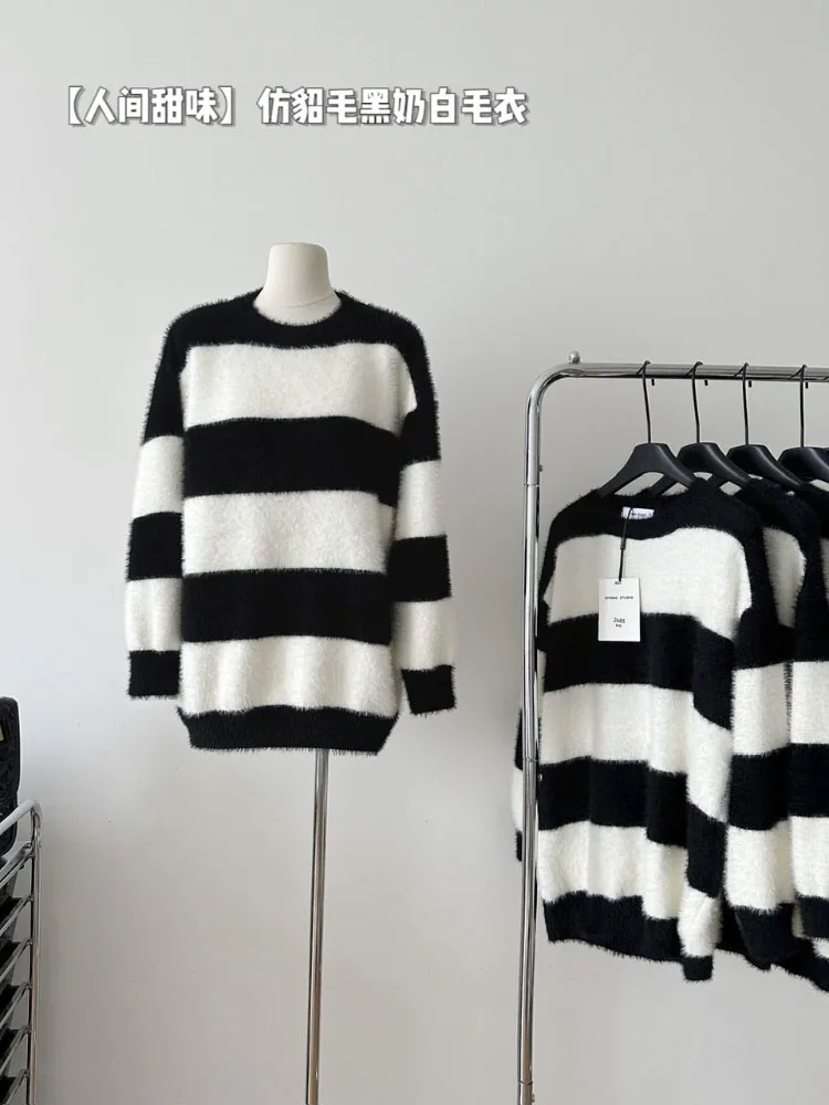 

Женский Теплый вязаный свитер, базовый модный Удобный пуловер в полоску с круглым вырезом, Осень-зима 2023