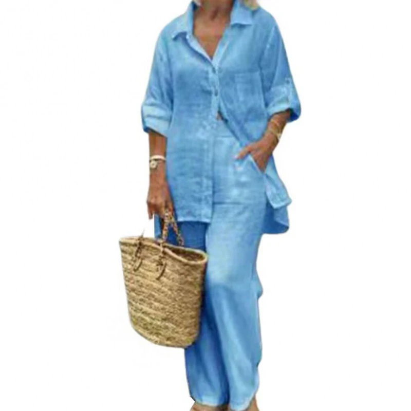 New Cotton Linen Suit Women's Tracksuit Oversize Shirt Loose Pants Set Female Trendy Daily Casual Fashion Ladies 2 Piece Sets