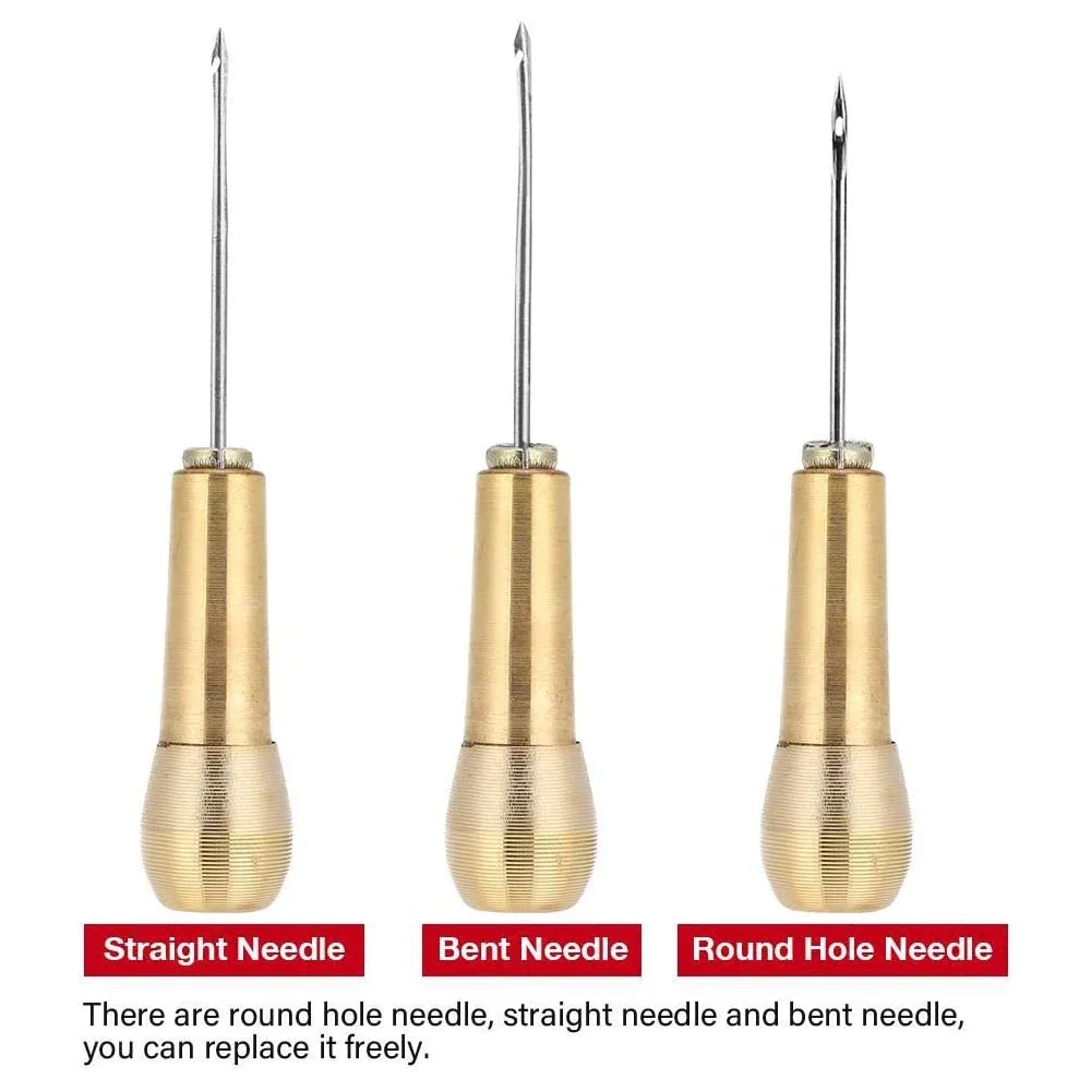 Leather Sewing Kit DIY Leather Sewing Awl Needle kit with Copper Handle Leather Shoes Repairing Tool w/ Black/Brown/White Thread - Image 3