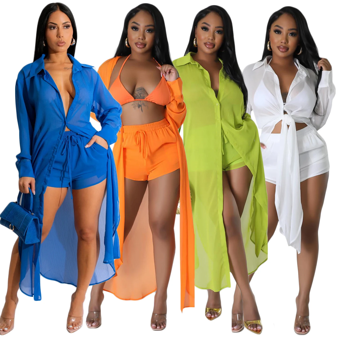 

Summer Fashion Sexy Women's Chiffon Solid Color Long Sleeve Split Top Fashion Matching Shorts and Robe Set