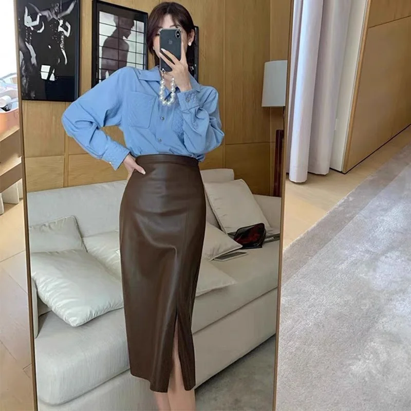 

High Waist Genuine Leather Skirt for Women's Spring and Autumn New Style Split Wrapped Hip Skirt Over Knee Half Body Skirt Slim