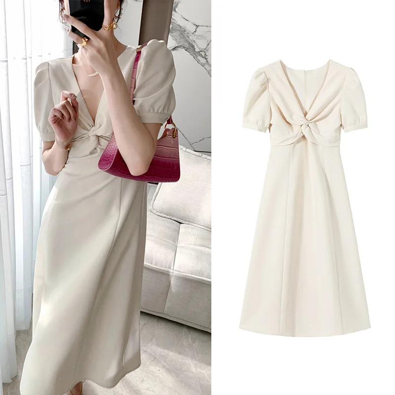 

Women Dress Chic Simple Elegant Puff Sleeve 2023 Summer Sexy V-Neck Dresses Solid Color Female Fashion Long A-Line Dress