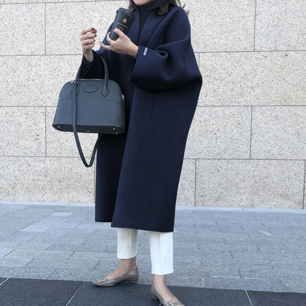 Women Cardigan Blends Round Neck Long Coats Casual Straight Wool Coat Loose Fit Full Sleeve Solid Splice Outwear Regular 2025 - 4