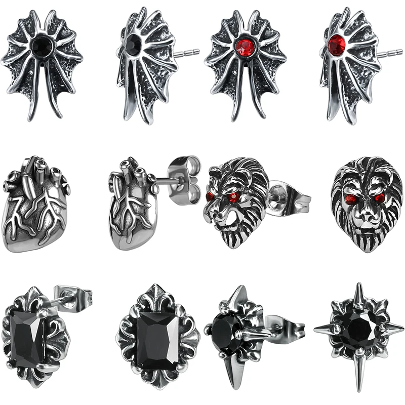 

ZS Gothic Studs Earring Heart Punk Ear Studs Stainless Steel Earring Vintage Punk Earring Cubic Zircon Stud Earrings Men Women