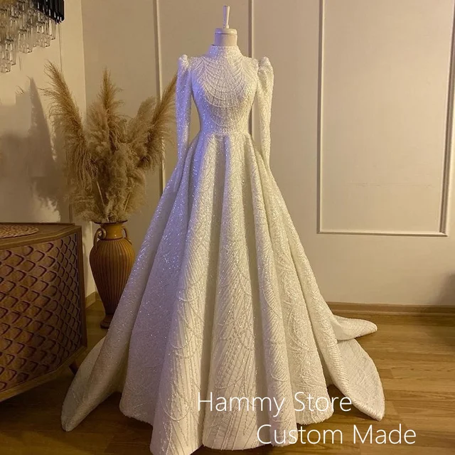 Exquisite Beading Wedding Dress Muslim Bridal Gown High Neck Pearls Sequined A Line Islamic Bride Dresses Robe De Mariage 1