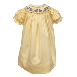 6m-8Y Girls Bluebird Smocking Dress Yellow Princess Dress Pure Cotton Satin Soft Handmade Skirt Children's Boutique Clothing