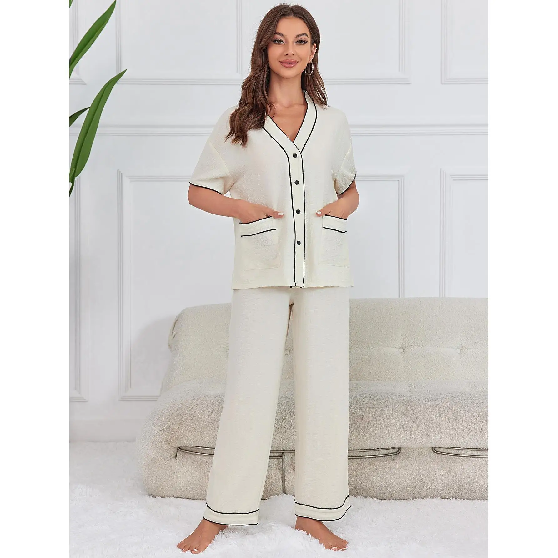 Comfy Soft Pajama Sets Beige Women Home Clothing Outfit Lounge Pijama Sleepwear Pyjama