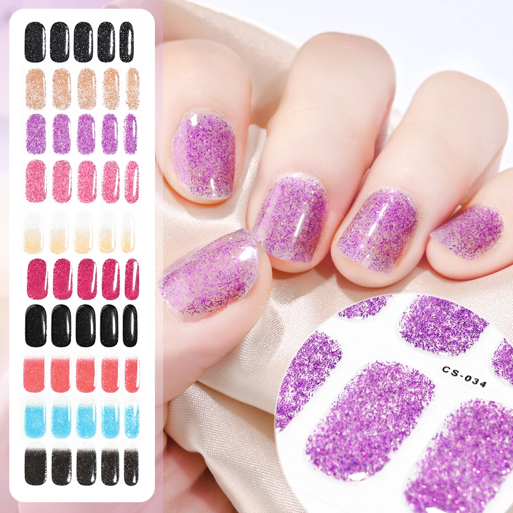 Semi-Cured Gel Nail Sticker 16Tips Glitter UV Gel Full Cover Long-Lasting UV Lamp Cured Manicure Tips nail stickers