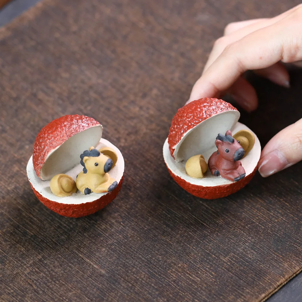 퍼플 클레이 티 펫 말 모양 소형 장식품 창의적인 과일 리치 차 세트 테이블 액세서리 세라믹 장식품