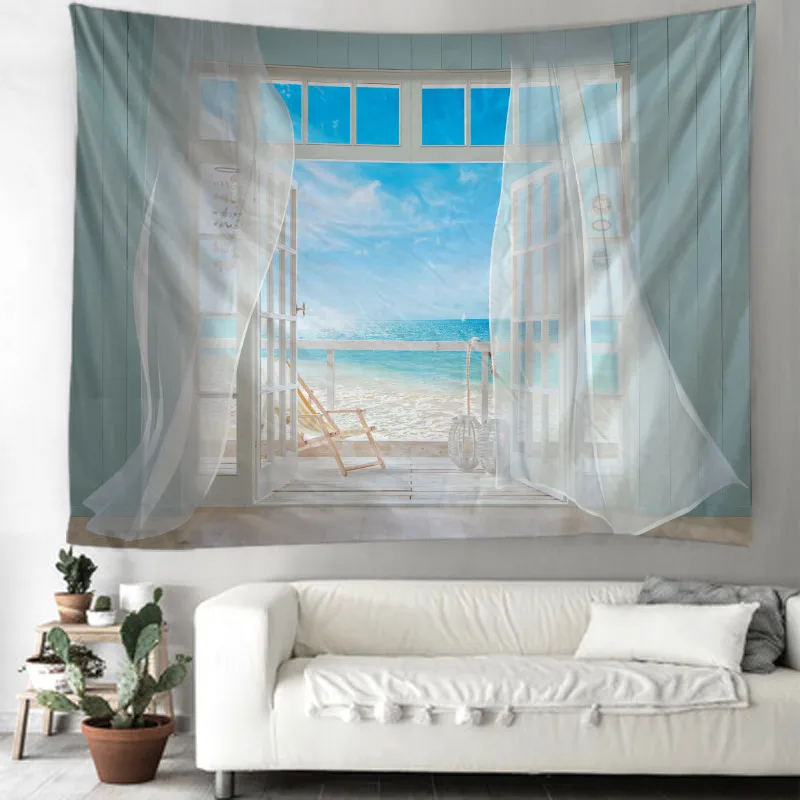 Imitation window landscape tapestry, wall hanging cloth, sea view, waterfall, living room, bedroom, home wall fabric decoration