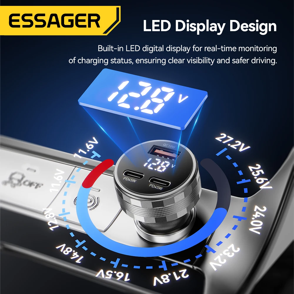 Essager 108W 3Ports USB Car Charger Digital Dispaly PD3.0 Fast Charging Quick Charge 3.0 Adapter for iPhone 16 15 Xiaomi Samsung