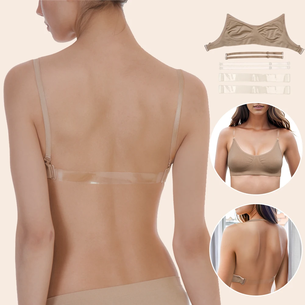 Varsbaby Unlined Backless Bra with Sheer Straps Women Wireless Everyday Brassiere U-shaped Back Lingerie