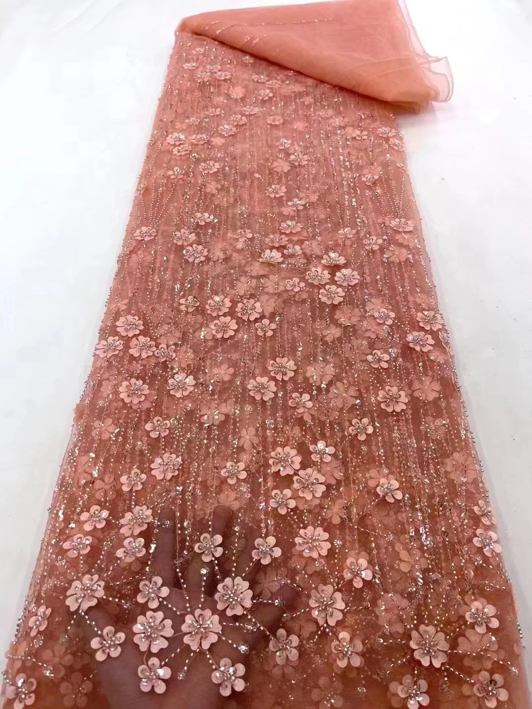 

Luxury 3D Lace Fabric 5 Yards Dubai Hand Beaded Tulle Lace Fabric Embroidered Applique African Nigerian Fabric For Sewing